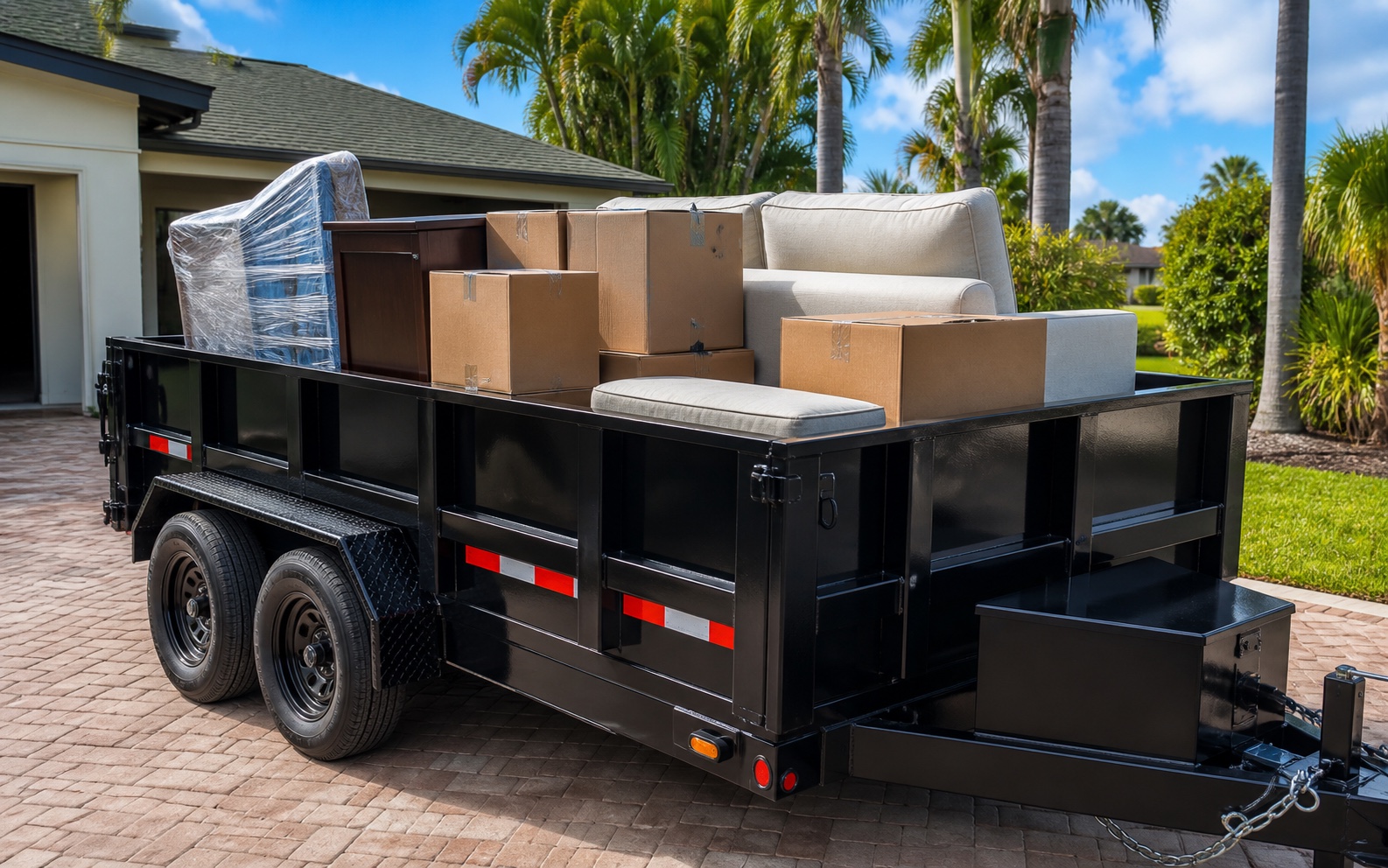 Unbranded dump trailer loaded neatly with household junk for removal