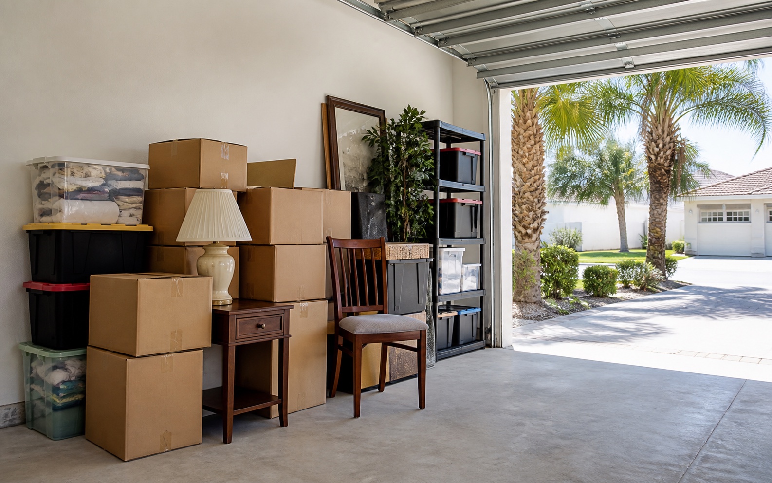 Organized household items staged in a garage during a property cleanout