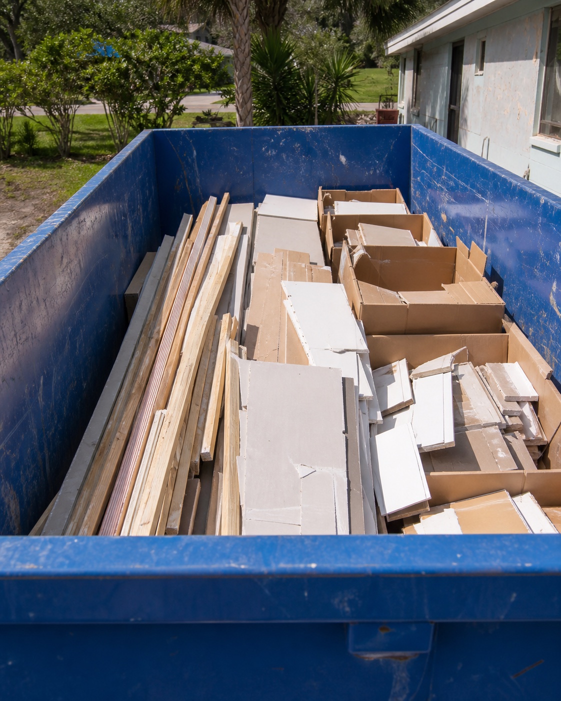 Renovation debris arranged safely inside an unbranded roll-off container
