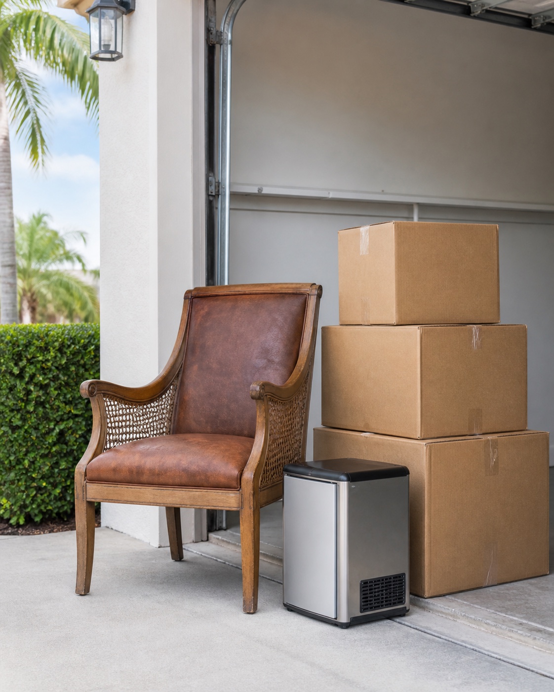 Old chair, boxes, and a small appliance organized for junk pickup