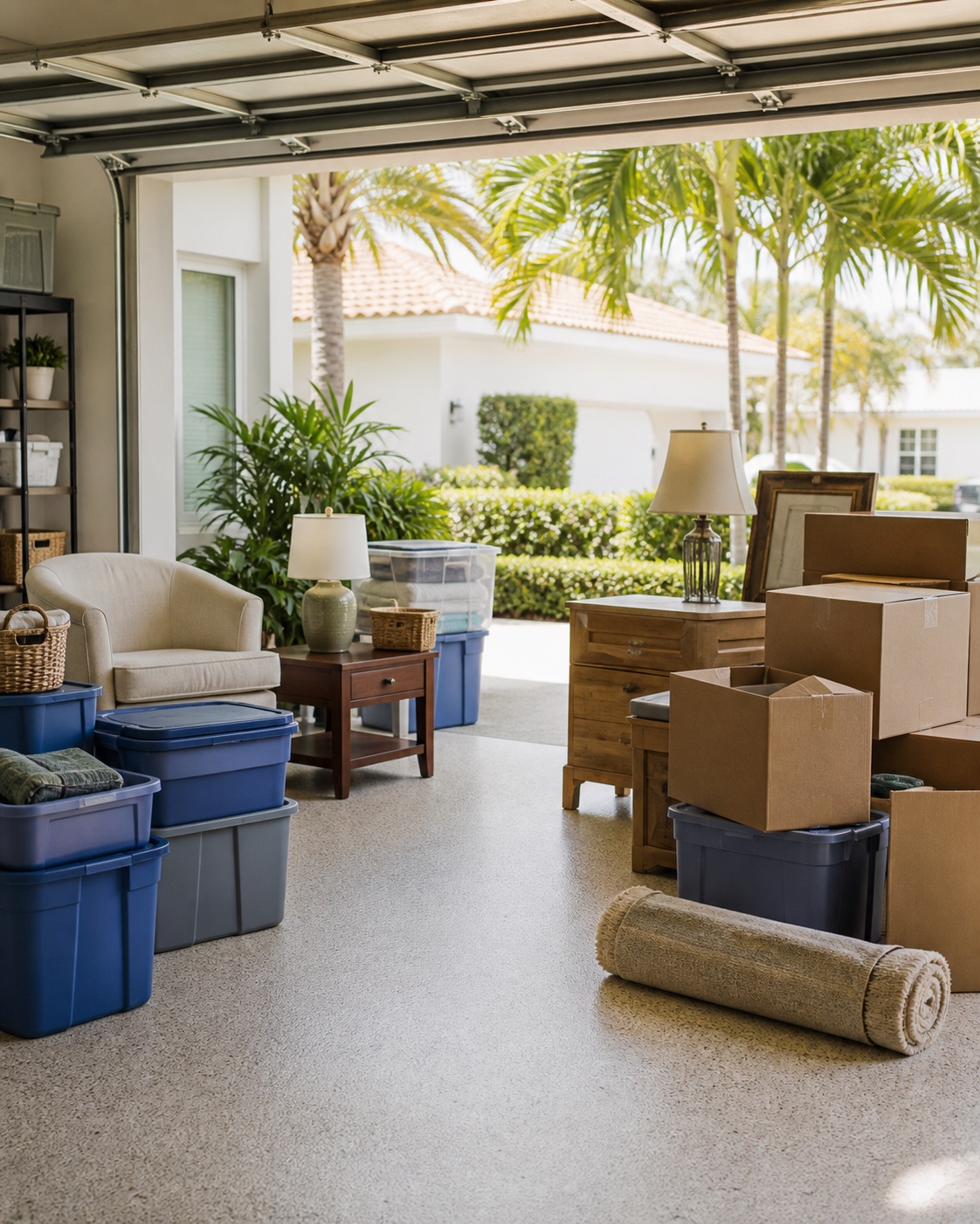 Household items sorted into keep and remove groups during a cleanout