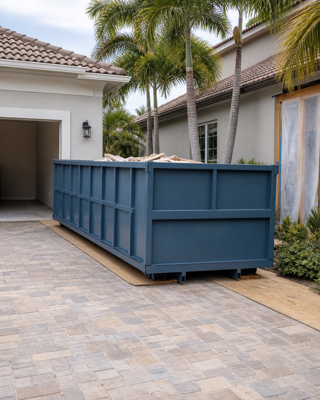 Clean roll-off container beside a Florida home renovation with clear driveway access