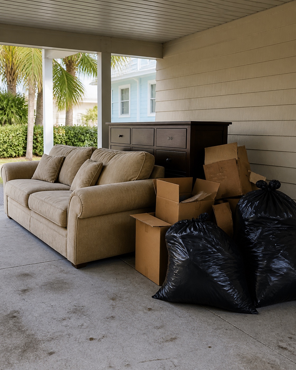 Bulky household furniture and boxed items staged safely for removal
