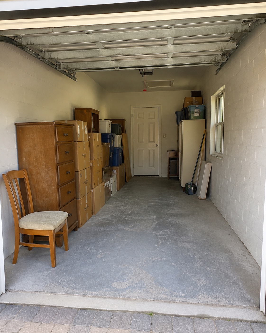Partially cleared garage with neatly separated boxes and furniture