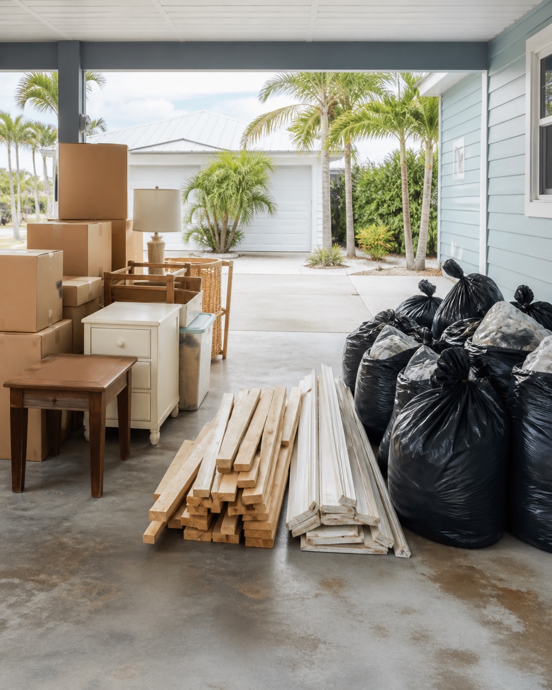 Sorted household items and renovation debris separated during a property cleanup